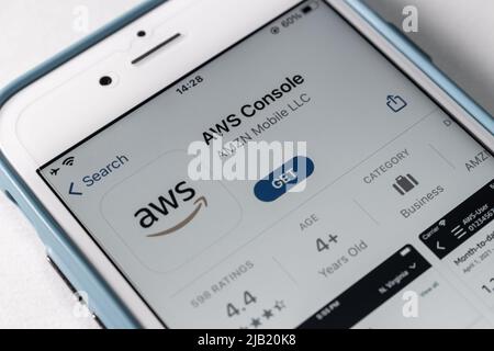 AWS Console (Amazon Web Services) app in App Store on iPhone. AWS is a providing on-demand cloud computing platforms and APIs by Amazon Stock Photo