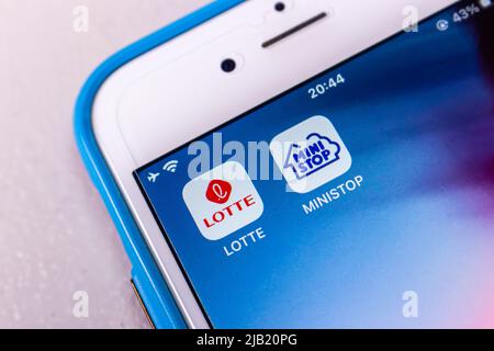 Kumamoto, JAPAN - Feb 2 2022 : Lotte Corp. & Ministop icons on iPhone. Lotte announced that it acquire Ministop Korea, from Aeon Group from Japan Stock Photo