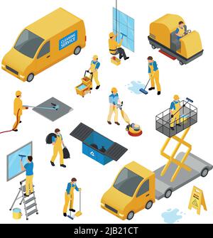 Colored isometric industrial cleaning icon set with people in yellow work uniform vector illustration Stock Vector