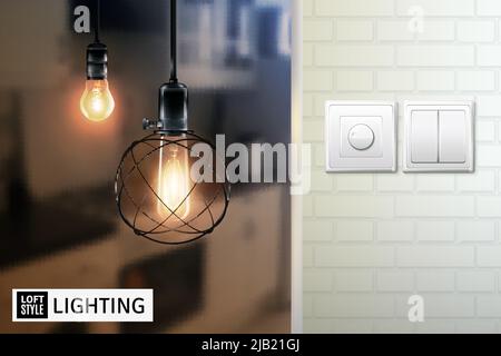 Poster with lamps in loft style on blurred background and switches on white brick wall vector illustration Stock Vector
