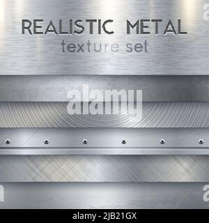 Metal texture realistic sheets horizontal banners set of panels surface finish patterns samples with rivets vector illustration Stock Vector