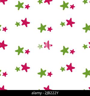 Hand drawn pink and green stars doodle summer seamless pattern isolated on white background. Vector flat illustration Stock Vector