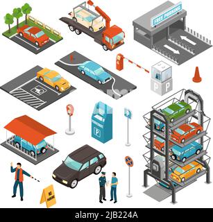 Colored isometric car parking icon set with different types of parking and payment terminals vector illustration Stock Vector