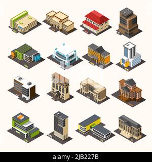 Government building isometric set with images of isolated administrative houses of different purposes and architectural style vector illustration Stock Vector