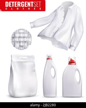 White detergents clothes icon set with laundry detergent and fabric softener bottles vector illustration Stock Vector