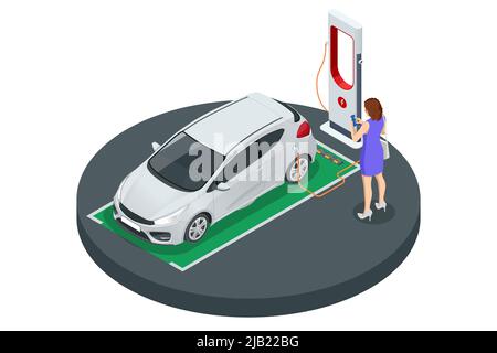 Isometric EV charger station application on mobile. Car charger. Electromobile charging station. Stock Vector