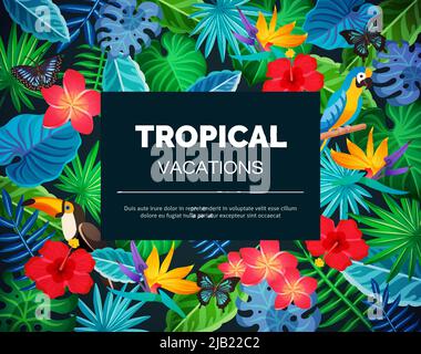 Tropical vacations background with colorful exotic blooming flowers butterflies toucans and black banner in middle flat vector illustration Stock Vector