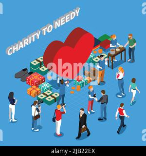 Colored volunteer charity people isometric concept with charity to needy and big heart composition vector illustration Stock Vector