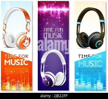 Set of vertical banners with realistic earphones with headband, sound wave, digital equalizer, sparkles isolated vector illustration Stock Vector