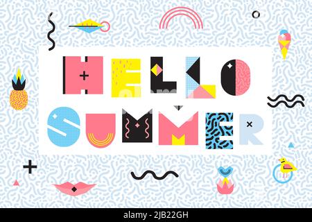 Hello summer memphis style design with black wavy lines geometric elements food on decorative frame vector illustration Stock Vector