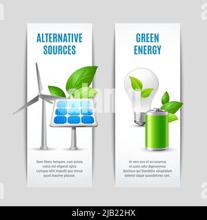 Alternative sources and green energy vertical paper banners with solar panels wind turbines eco bulb with plant signs realistic vector illustration Stock Vector