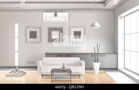 Realistic living room interior in light tones with furniture, lamps, picture frames, beige floor 3d vector illustration Stock Vector