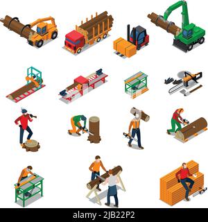 Colored and isolated sawmill timber mill lumberjack isometric icon set with sawmill worker and his tools vector illustration Stock Vector