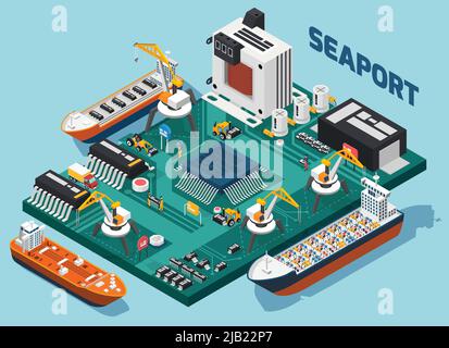 Colored semiconductor electronic components isometric seaport composition with tech elements combined in seaport vector illustration Stock Vector