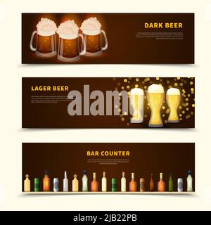 Flat set of three horizontal banners with glasses of beer and bar counter full of beverages isolated on white background vector illustration Stock Vector