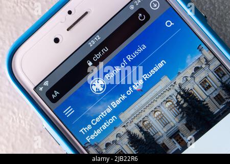 Kumamoto, JAPAN - Mar 1 2022 : Closeup the website of Central Bank of Russia (The Central Bank of the Russian Federation) on the smartphone screen. Stock Photo