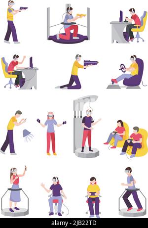 Gamers people flat set of isolated teenage human characters with leisure-time entertainment facilities and gaming accessories vector illustration Stock Vector