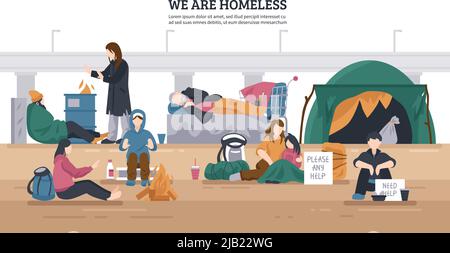 Colored and flat homeless people horizontal background with we are homeless descriptions vector illustration Stock Vector