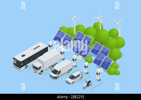 Isometric Car charger. Electromobile charging station. Car, bus, truck, van, motorcycle, on renewable solar wind energy in network grid. Stock Vector