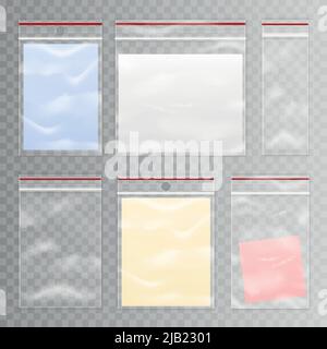 Realistic colored full and empty plastic bag icon set on transparent background vector illustration Stock Vector