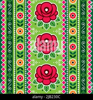 Pakistani and Indian truck art vector seamless vertical pattern with roses and floral motif, Diwali vibrant design Stock Vector