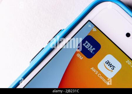 Kumamoto, JAPAN - Apr 5 2022 : IBM and AWS (Amazon Web Services) on the smartphone screen. The internet cloud computing and technology concept Stock Photo
