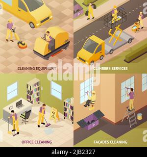 Four square isometric industrial cleaning concept with cleaning equipment climbers services office cleaning and facades cleaning descriptions vector i Stock Vector