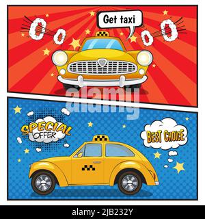 Taxi service comic style banners with yellow car, speech bubbles on pop art background isolated vector illustration Stock Vector