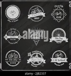 Collection of bicycle vintage emblems on chalkboard with flat wheels chains decorative design elements and captions vector illustration Stock Vector