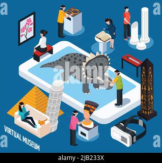 Colored and isometric virtual travel landmarks museum concept with virtual reality in smartphone vector illustration Stock Vector