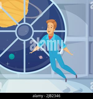 Weightless astronaut on orbiting space station with planets in window background retro cartoon icon poster vector illustration Stock Vector