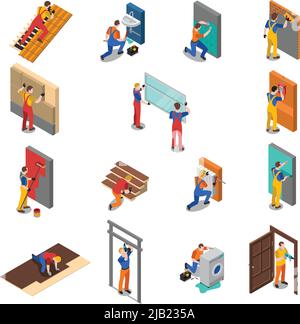 Colored isolated home repair worker people isometric icon set with different types of workers vector illustration Stock Vector