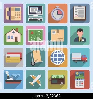 Multicolored logistic transportation service flat icons set of shipping delivery and supply chain isolated vector illustration. Stock Vector