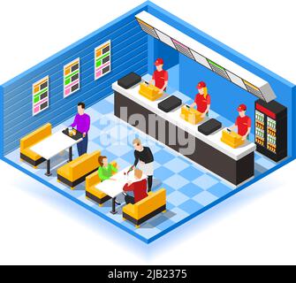 Fast food restaurant isometric design concept with cashiers in red uniform waiter and visitors sitting at table vector illustration Stock Vector