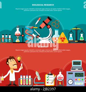 Gorizontal banners concept set of biological and sciences research and chemical experiments flat vector illustration Stock Vector