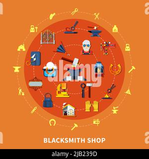 Blacksmith round composition with colorful forged product icons inscribed in circle with hammerwork equipment silhouette pictograms vector illustratio Stock Vector