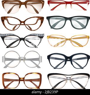 Modern male and female eyeglasses with various frames realistic set isolated on white background vector illustration Stock Vector