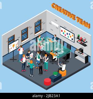 Creative team discusses project in office with glass table, coffee machine, boards with information isometric vector illustration Stock Vector