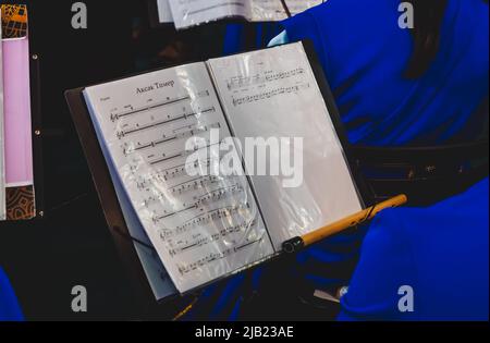 Kazan, Russia. May 19, 2022. A Tatar musical group that performs authentic ethnomusic. Playing traditional Tatar musical instruments.  Stock Photo