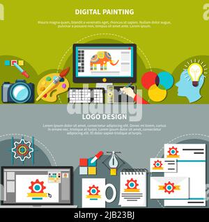 Two horizontal designer tools composition set with digital painting and logo design headlines vector illustration Stock Vector