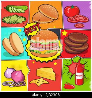 Comic book page with burger and ingredients including cutlets vegetables ketchup on divided colorful background vector illustration Stock Vector
