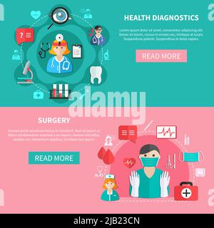 Medicine horizontal flat banners with health diagnostics and surgery on green and pink backgrounds isolated vector illustration Stock Vector
