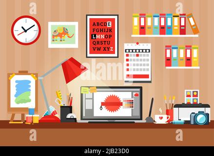 Colored and flat designer workplace composition with office space and table with attributes vector illustration Stock Vector
