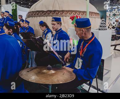 Kazan, Russia. May 19, 2022. A Tatar musical group that performs authentic ethnomusic. Playing traditional Tatar musical instruments.  Stock Photo