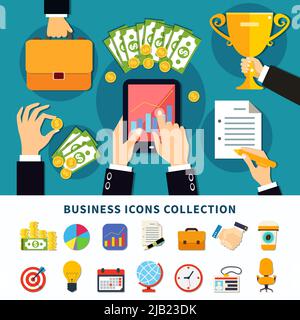 Business icon set of flat isolated emoji style finance alarm organizer and goal achievement pictogram images vector illustration Stock Vector