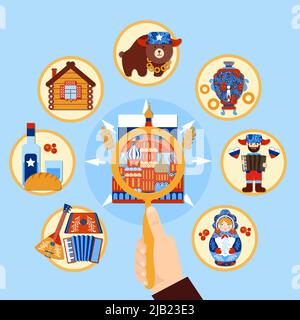 Travel to russia composition with human hand holding magnifying glass souvenirs and national symbols round images vector illustration Stock Vector