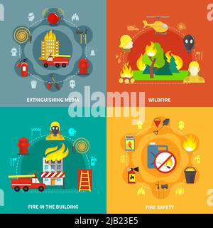Firefighting tools fire safety burning buildings and forest 2x2 concept isolated on colorful backgrounds flat vector illustration Stock Vector
