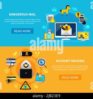 Hacking flat horizontal banners with dangerous mail and account hacking decorative icons set vector illustration Stock Vector