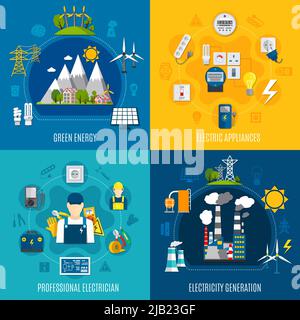 Flat compositions with electricity generation including wind turbines, green energy, professional electrician and equipment isolated vector illustrati Stock Vector