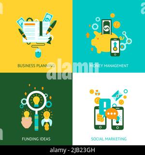 Funding management ideas in business planning and marketing analysis 4 flat icons composition abstract isolated vector illustration Stock Vector